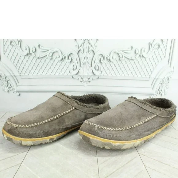 LL Bean Gray Suede Slip on Fleece Lined Nonslip Mountain Slipper Scuff Size 11 M - Picture 2 of 8
